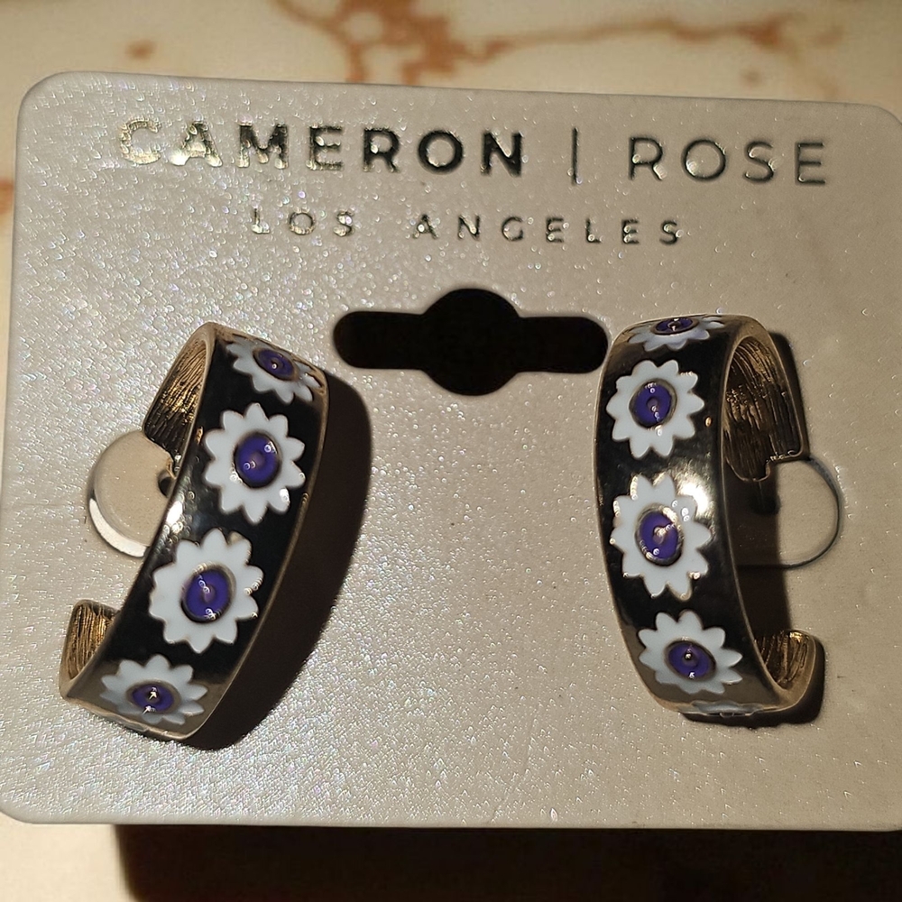 Gold and White Floral Earrings with Purple Details